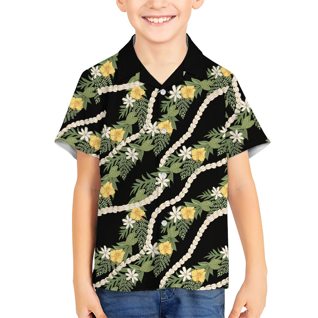 Hawaiian Pikake Maile Lei Family Matching Off The Shoulder Long Sleeve Dress and Hawaiian Shirt Tiare Hibiscus Kalo Palapalai Leaf Black