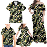Hawaiian Pikake Maile Lei Family Matching Off Shoulder Maxi Dress and Hawaiian Shirt Tiare Hibiscus Kalo Palapalai Leaf Black