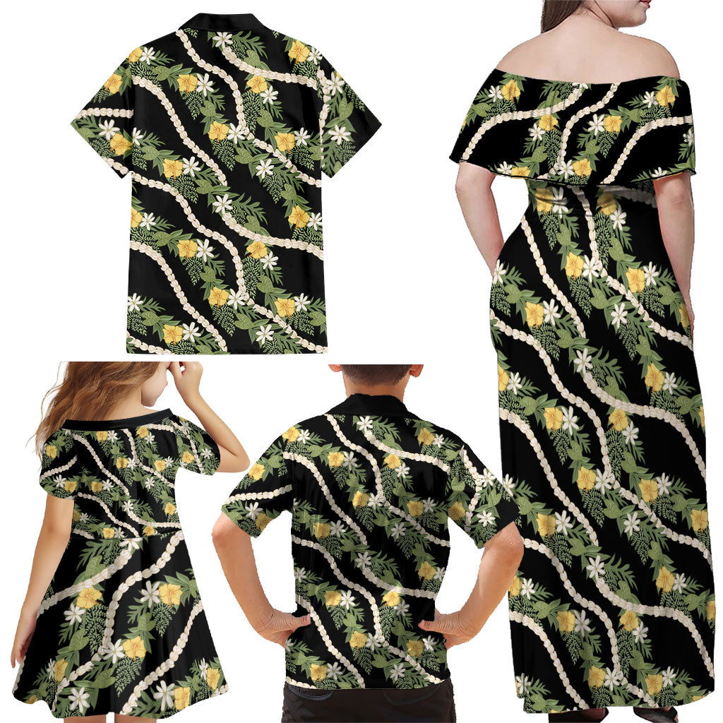 Hawaiian Pikake Maile Lei Family Matching Off Shoulder Maxi Dress and Hawaiian Shirt Tiare Hibiscus Kalo Palapalai Leaf Black