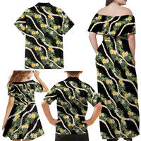 Hawaiian Pikake Maile Lei Family Matching Off Shoulder Maxi Dress and Hawaiian Shirt Tiare Hibiscus Kalo Palapalai Leaf Black