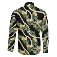 Hawaiian Pikake Maile Lei Family Matching Off Shoulder Maxi Dress and Hawaiian Shirt Tiare Hibiscus Kalo Palapalai Leaf Black