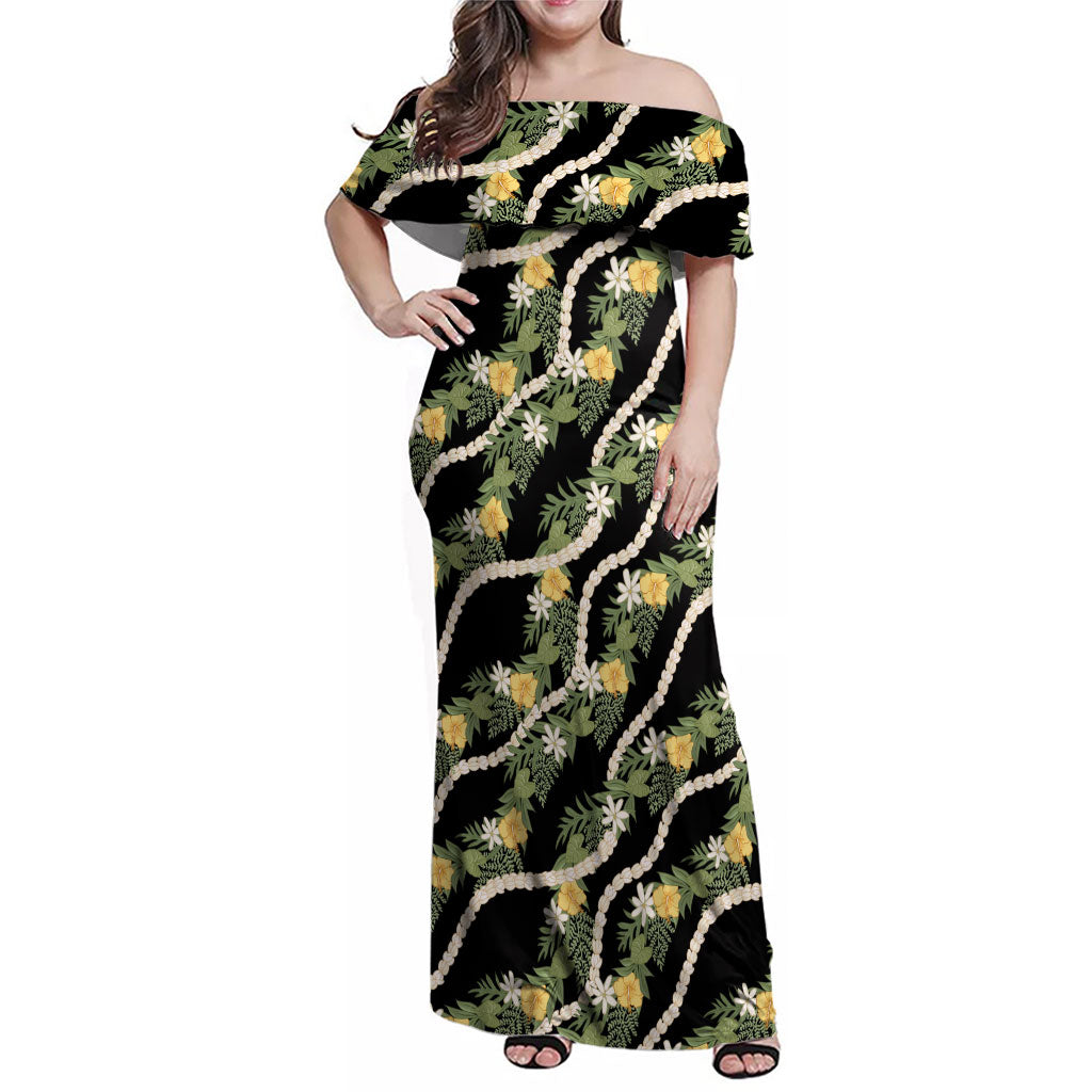 Hawaiian Pikake Maile Lei Family Matching Off Shoulder Maxi Dress and Hawaiian Shirt Tiare Hibiscus Kalo Palapalai Leaf Black