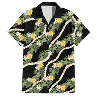 Hawaiian Pikake Maile Lei Family Matching Off Shoulder Short Dress and Hawaiian Shirt Tiare Hibiscus Kalo Palapalai Leaf Black