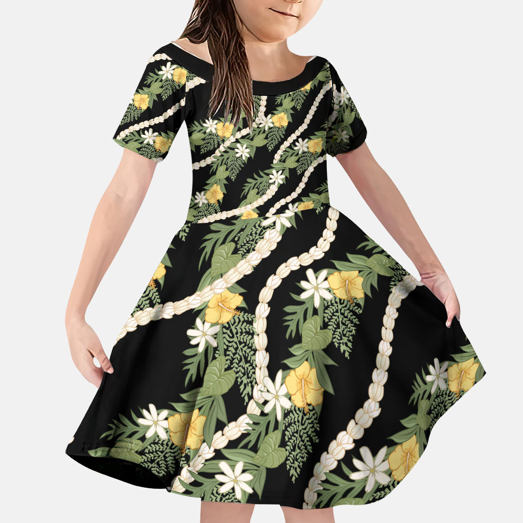 Hawaiian Pikake Maile Lei Family Matching Puletasi and Hawaiian Shirt Tiare Hibiscus Kalo Palapalai Leaf Black