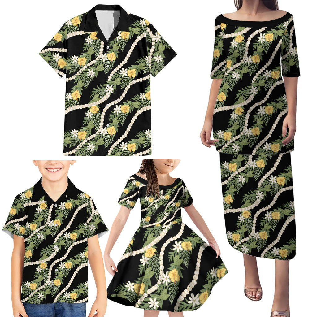 Hawaiian Pikake Maile Lei Family Matching Puletasi and Hawaiian Shirt Tiare Hibiscus Kalo Palapalai Leaf Black