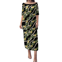 Hawaiian Pikake Maile Lei Family Matching Puletasi and Hawaiian Shirt Tiare Hibiscus Kalo Palapalai Leaf Black