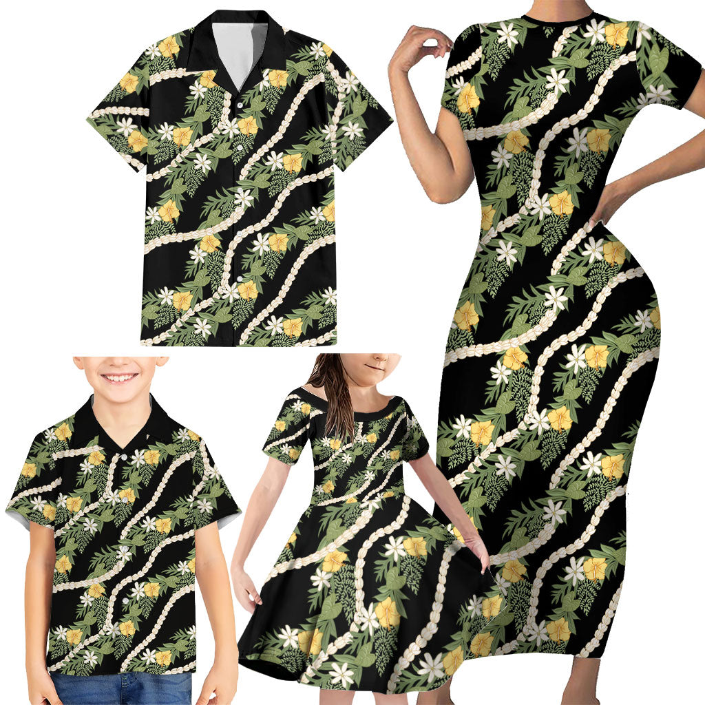 Hawaiian Pikake Maile Lei Family Matching Short Sleeve Bodycon Dress and Hawaiian Shirt Tiare Hibiscus Kalo Palapalai Leaf Black