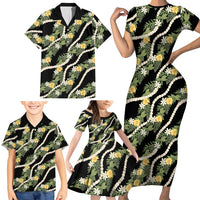 Hawaiian Pikake Maile Lei Family Matching Short Sleeve Bodycon Dress and Hawaiian Shirt Tiare Hibiscus Kalo Palapalai Leaf Black
