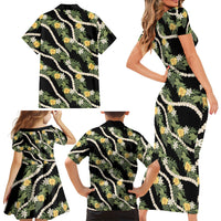 Hawaiian Pikake Maile Lei Family Matching Short Sleeve Bodycon Dress and Hawaiian Shirt Tiare Hibiscus Kalo Palapalai Leaf Black