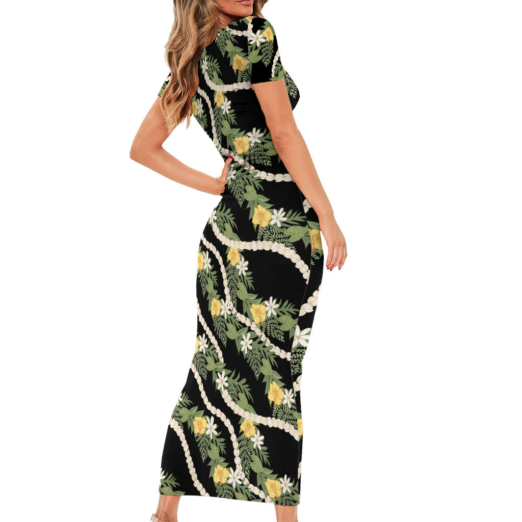Hawaiian Pikake Maile Lei Family Matching Short Sleeve Bodycon Dress and Hawaiian Shirt Tiare Hibiscus Kalo Palapalai Leaf Black