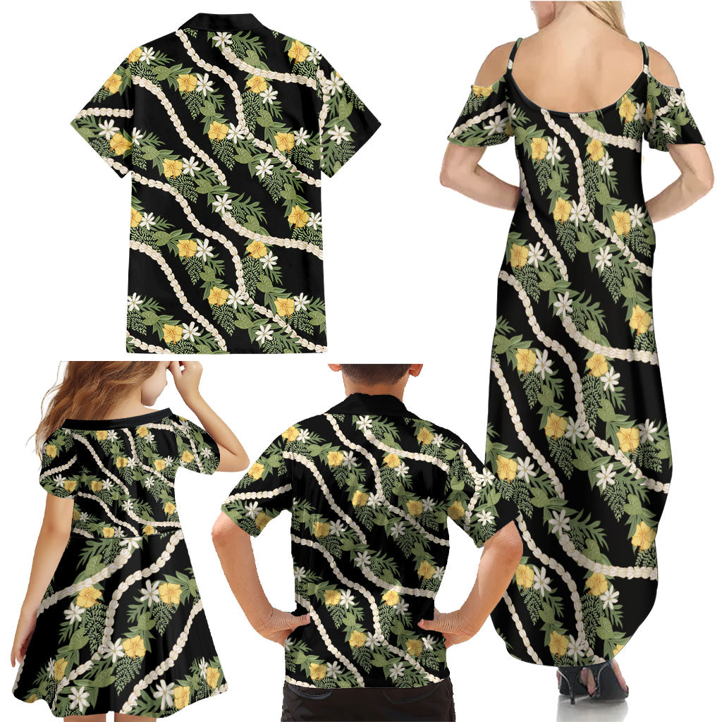 Hawaiian Pikake Maile Lei Family Matching Summer Maxi Dress and Hawaiian Shirt Tiare Hibiscus Kalo Palapalai Leaf Black