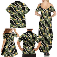 Hawaiian Pikake Maile Lei Family Matching Summer Maxi Dress and Hawaiian Shirt Tiare Hibiscus Kalo Palapalai Leaf Black