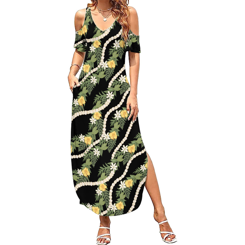 Hawaiian Pikake Maile Lei Family Matching Summer Maxi Dress and Hawaiian Shirt Tiare Hibiscus Kalo Palapalai Leaf Black