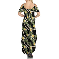 Hawaiian Pikake Maile Lei Family Matching Summer Maxi Dress and Hawaiian Shirt Tiare Hibiscus Kalo Palapalai Leaf Black