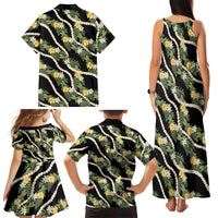 Hawaiian Pikake Maile Lei Family Matching Tank Maxi Dress and Hawaiian Shirt Tiare Hibiscus Kalo Palapalai Leaf Black