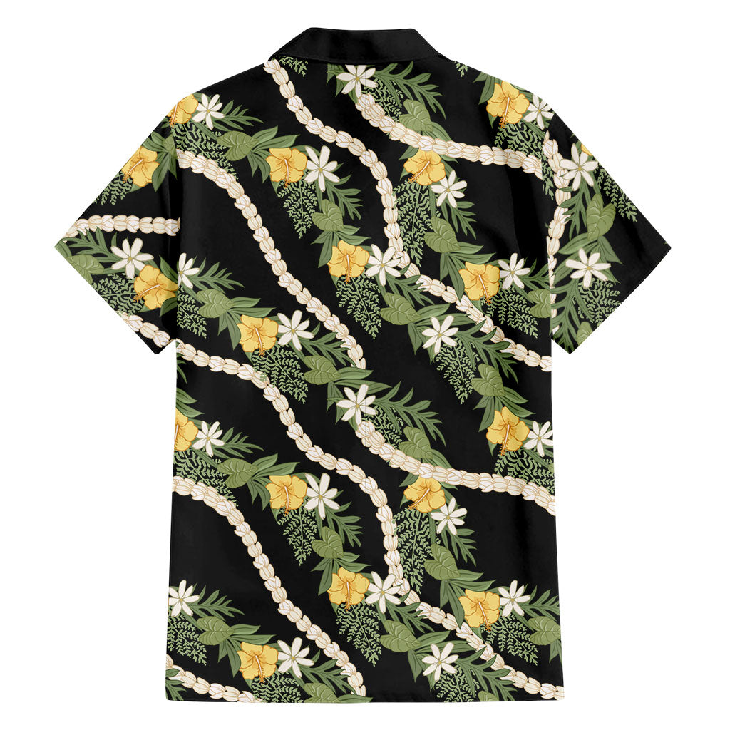 Hawaiian Pikake Maile Lei Family Matching Tank Maxi Dress and Hawaiian Shirt Tiare Hibiscus Kalo Palapalai Leaf Black