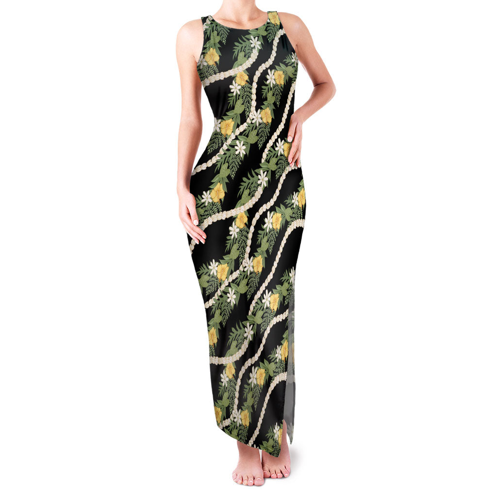 Hawaiian Pikake Maile Lei Family Matching Tank Maxi Dress and Hawaiian Shirt Tiare Hibiscus Kalo Palapalai Leaf Black