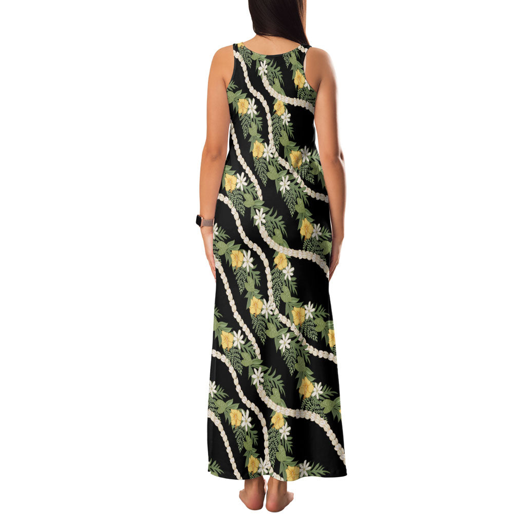 Hawaiian Pikake Maile Lei Family Matching Tank Maxi Dress and Hawaiian Shirt Tiare Hibiscus Kalo Palapalai Leaf Black