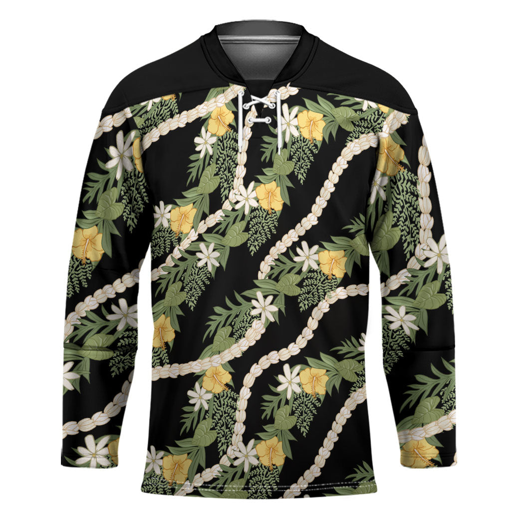 Hawaiian Pikake Maile Lei Hockey Jersey Tiare Hibiscus Kalo Palapalai Leaf Black