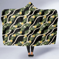 Hawaiian Pikake Maile Lei Hooded Blanket Tiare Hibiscus Kalo Palapalai Leaf Black