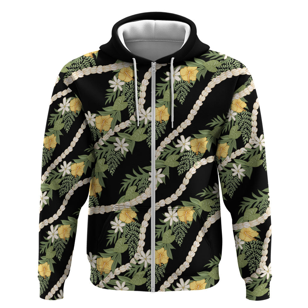 Hawaiian Pikake Maile Lei Hoodie Tiare Hibiscus Kalo Palapalai Leaf Black