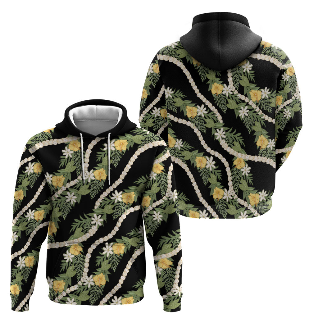 Hawaiian Pikake Maile Lei Hoodie Tiare Hibiscus Kalo Palapalai Leaf Black