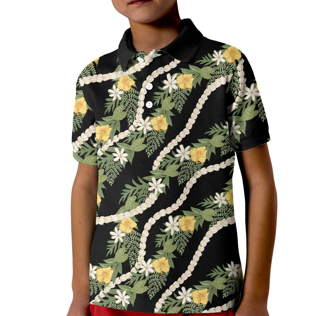 Hawaiian Pikake Maile Lei Kid Polo Shirt Tiare Hibiscus Kalo Palapalai Leaf Black