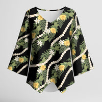 Hawaiian Pikake Maile Lei Kimono Sleeve Blouse Tiare Hibiscus Kalo Palapalai Leaf Black