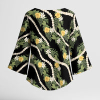 Hawaiian Pikake Maile Lei Kimono Sleeve Blouse Tiare Hibiscus Kalo Palapalai Leaf Black