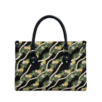 Hawaiian Pikake Maile Lei Leather Bag Tiare Hibiscus Kalo Palapalai Leaf Black LT19 - Polynesian Pride