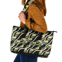 Hawaiian Pikake Maile Lei Leather Tote Bag Tiare Hibiscus Kalo Palapalai Leaf Black