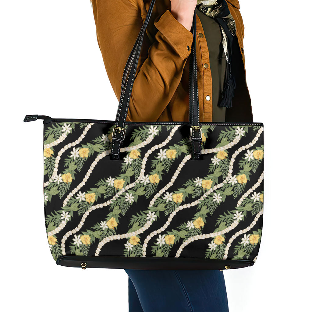 Hawaiian Pikake Maile Lei Leather Tote Bag Tiare Hibiscus Kalo Palapalai Leaf Black