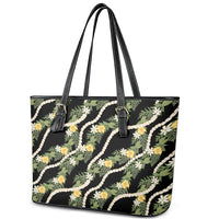 Hawaiian Pikake Maile Lei Leather Tote Bag Tiare Hibiscus Kalo Palapalai Leaf Black
