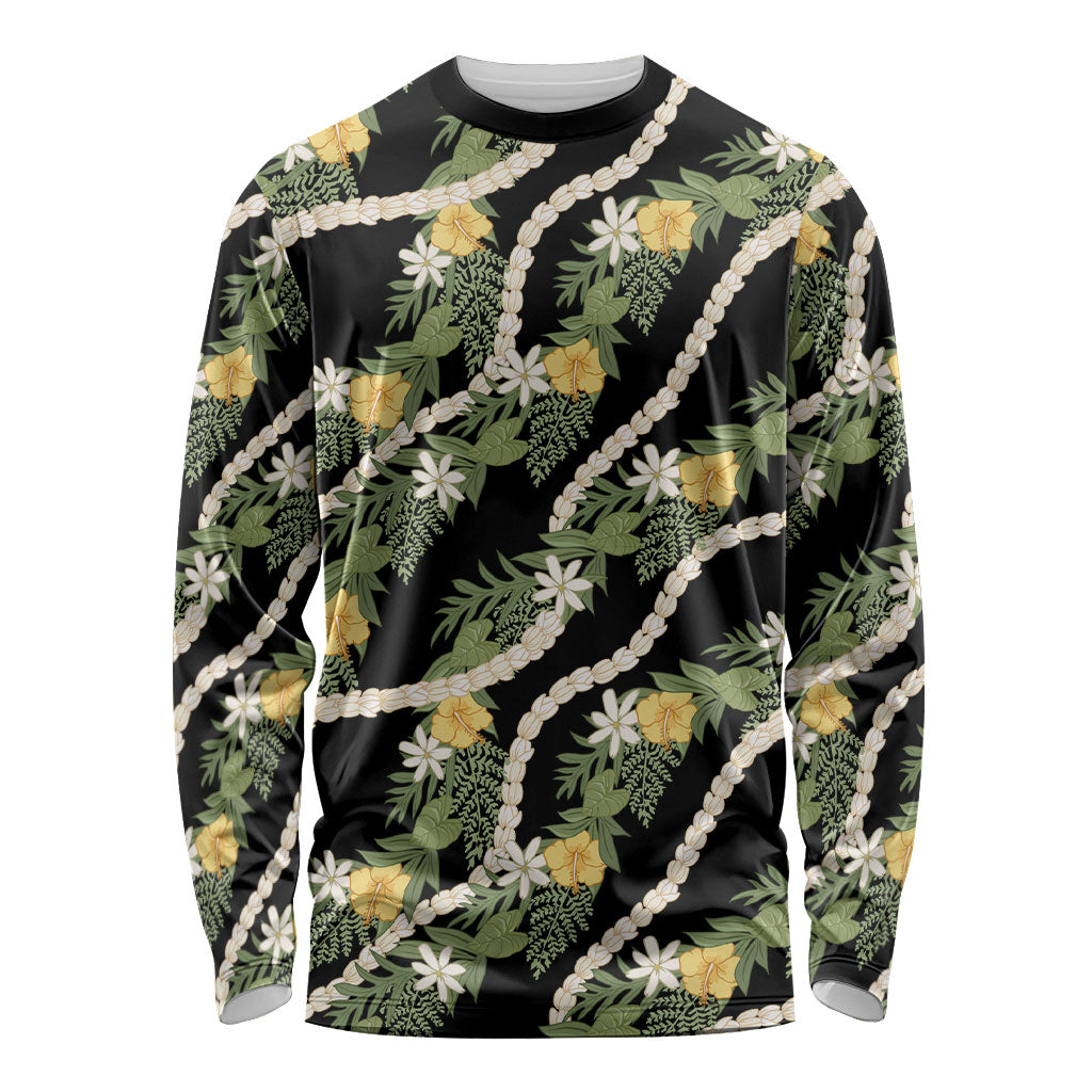 Hawaiian Pikake Maile Lei Long Sleeve Shirt Tiare Hibiscus Kalo Palapalai Leaf Black LT19 Unisex Black - Polynesian Pride