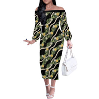 Hawaiian Pikake Maile Lei Off The Shoulder Long Sleeve Dress Tiare Hibiscus Kalo Palapalai Leaf Black