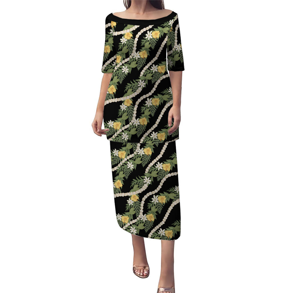 Hawaiian Pikake Maile Lei Puletasi Tiare Hibiscus Kalo Palapalai Leaf Black LT19 Long Dress Black - Polynesian Pride