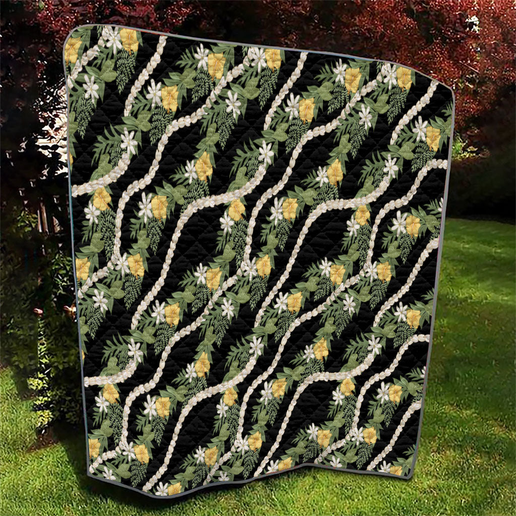 Hawaiian Pikake Maile Lei Quilt Tiare Hibiscus Kalo Palapalai Leaf Black LT19 - Polynesian Pride