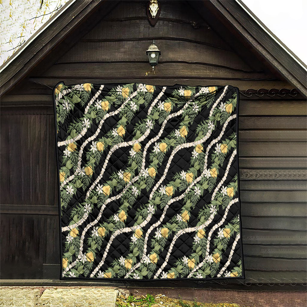 Hawaiian Pikake Maile Lei Quilt Tiare Hibiscus Kalo Palapalai Leaf Black LT19 - Polynesian Pride