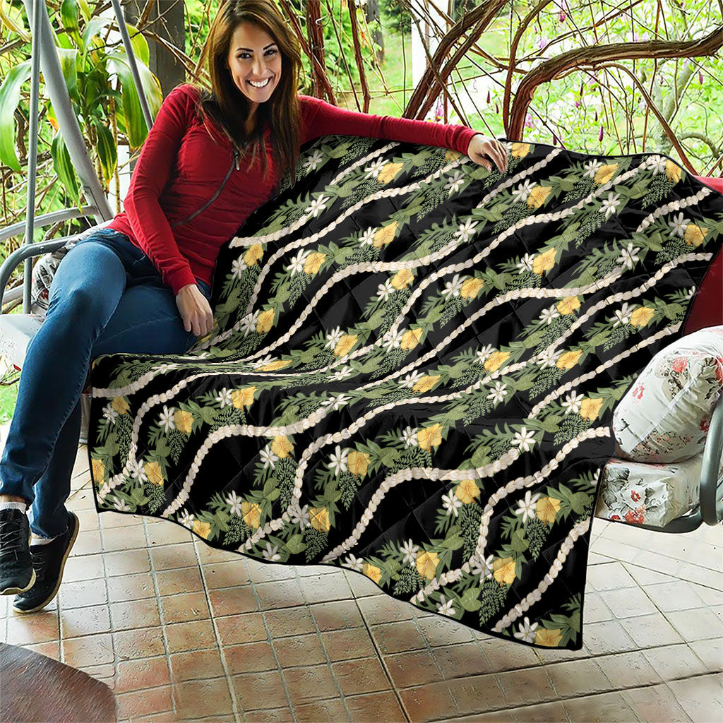 Hawaiian Pikake Maile Lei Quilt Tiare Hibiscus Kalo Palapalai Leaf Black LT19 - Polynesian Pride