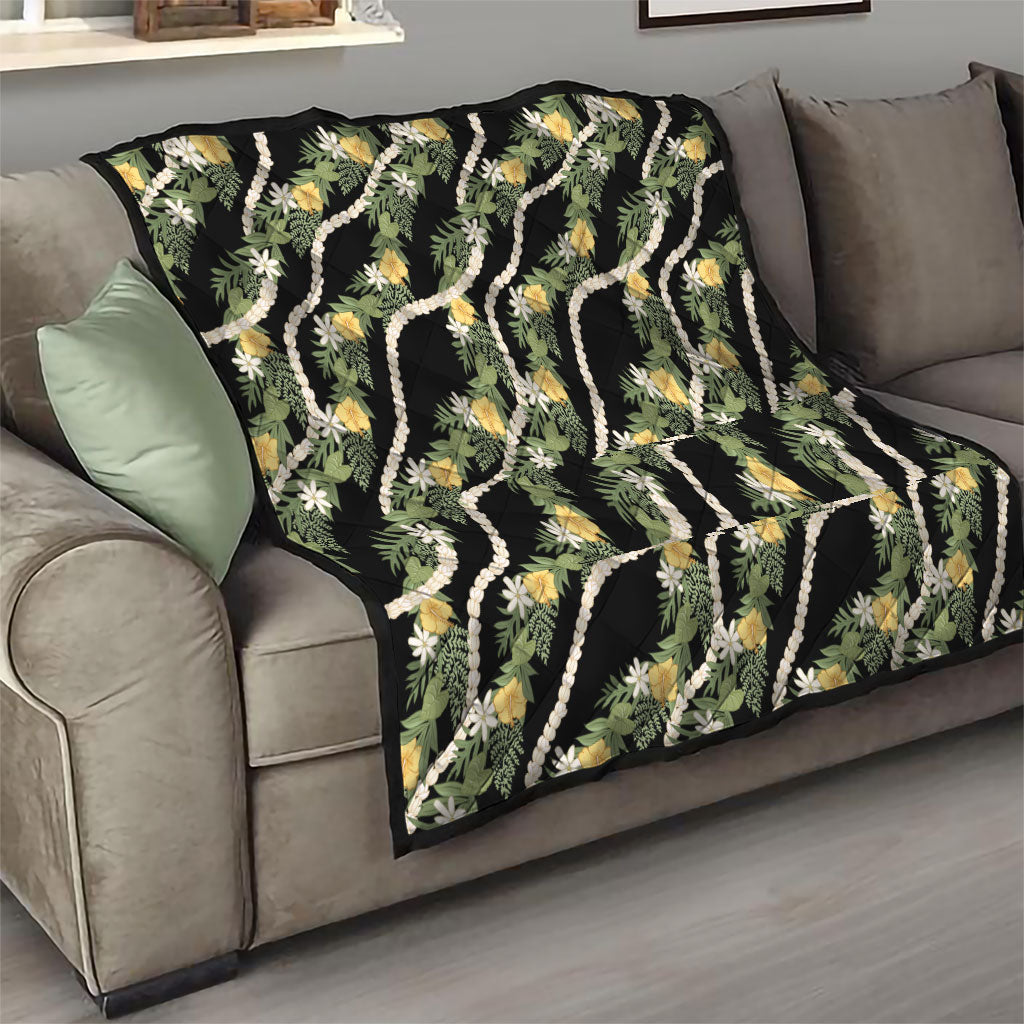 Hawaiian Pikake Maile Lei Quilt Tiare Hibiscus Kalo Palapalai Leaf Black LT19 - Polynesian Pride