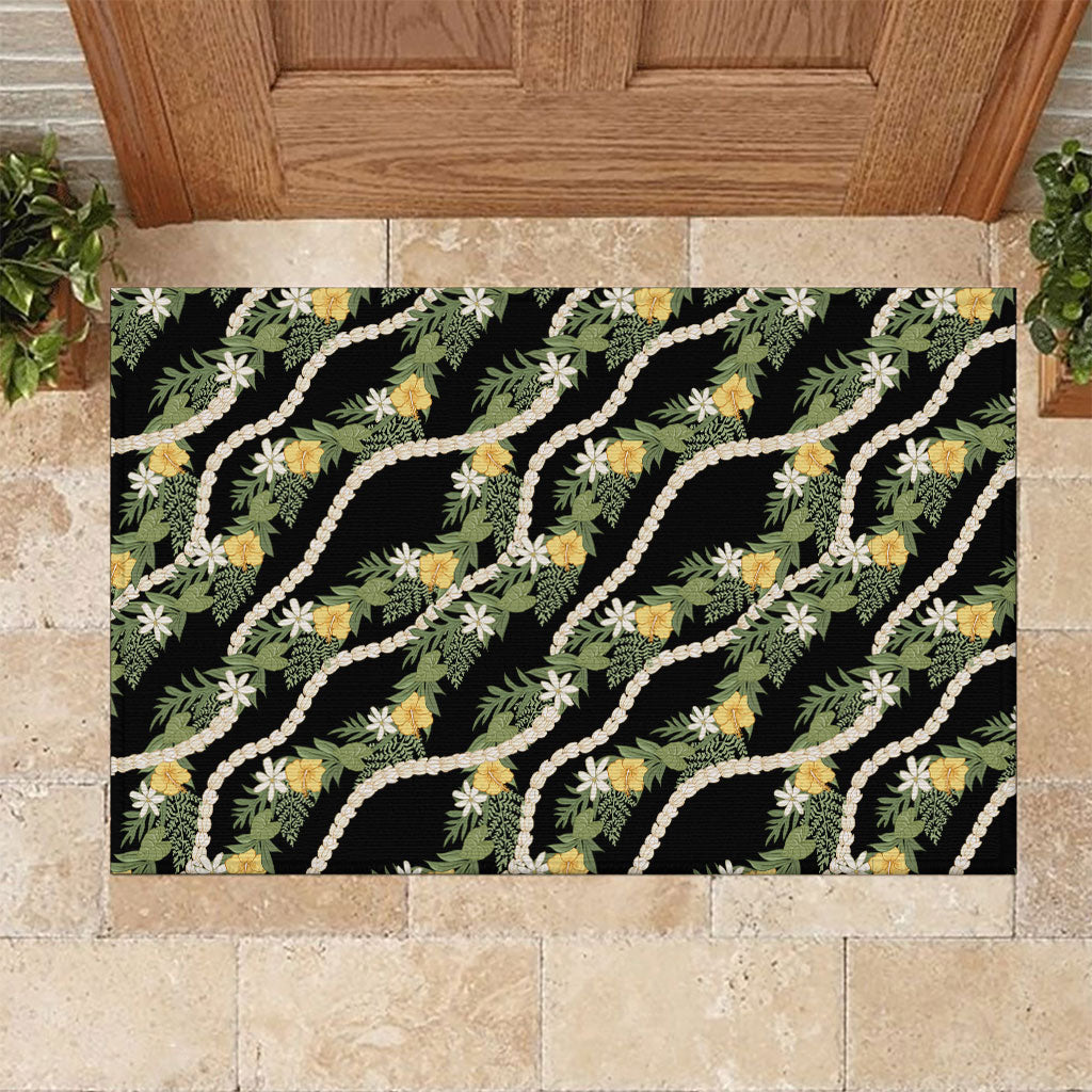 Hawaiian Pikake Maile Lei Rubber Doormat Tiare Hibiscus Kalo Palapalai Leaf Black LT19 Black - Polynesian Pride