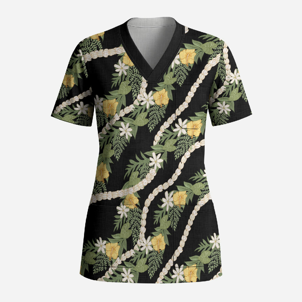 Hawaiian Pikake Maile Lei Scrub Top Tiare Hibiscus Kalo Palapalai Leaf Black LT19 Adult Black - Polynesian Pride