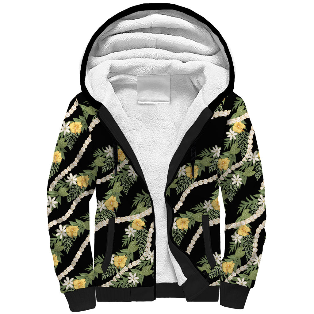 Hawaiian Pikake Maile Lei Sherpa Hoodie Tiare Hibiscus Kalo Palapalai Leaf Black