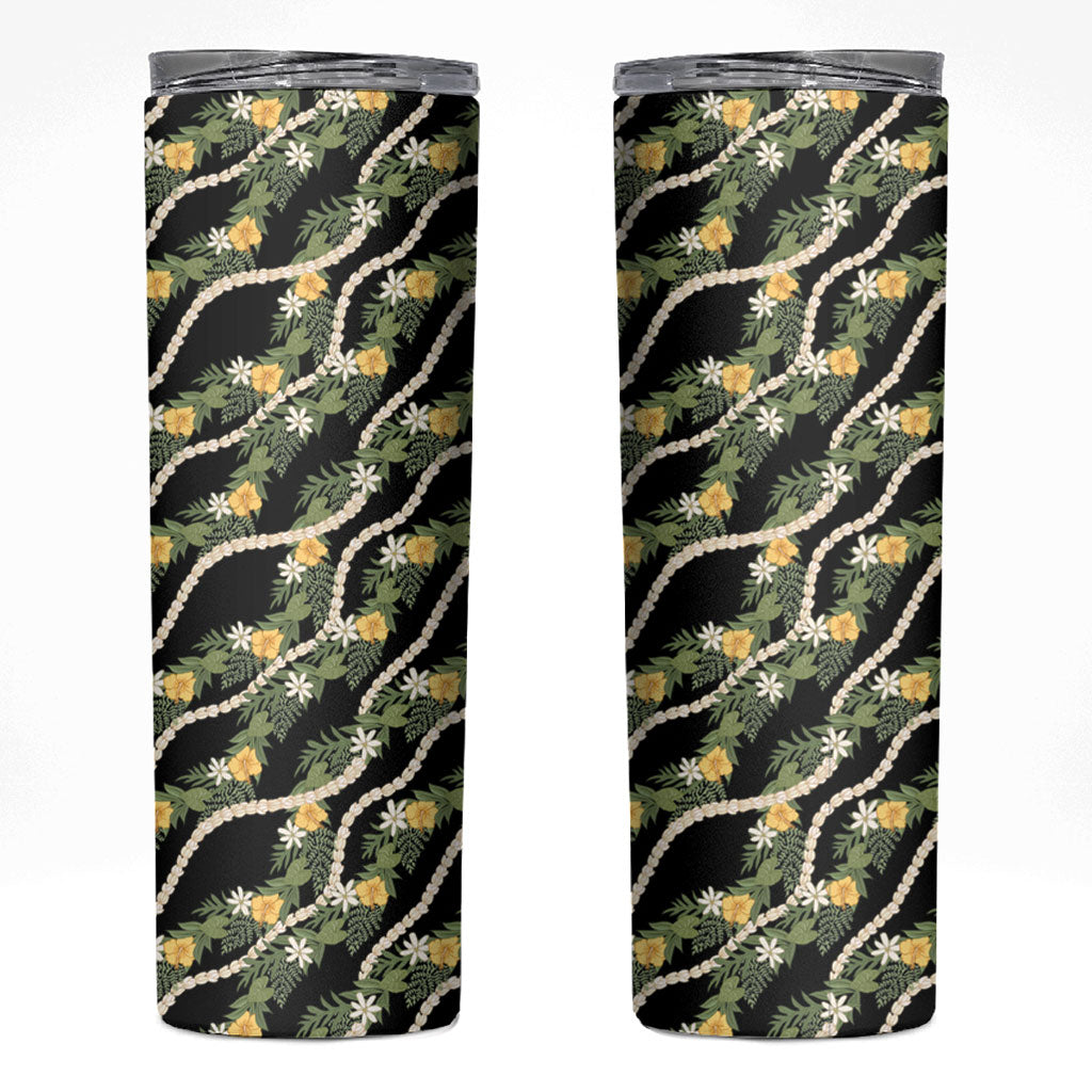 Hawaiian Pikake Maile Lei Skinny Tumbler Tiare Hibiscus Kalo Palapalai Leaf Black LT19 Black - Polynesian Pride
