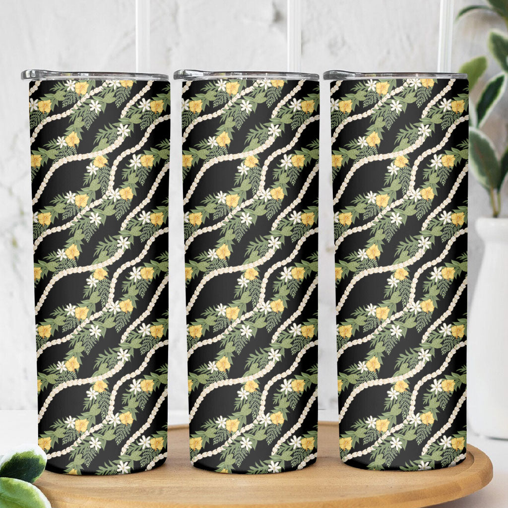 Hawaiian Pikake Maile Lei Skinny Tumbler Tiare Hibiscus Kalo Palapalai Leaf Black
