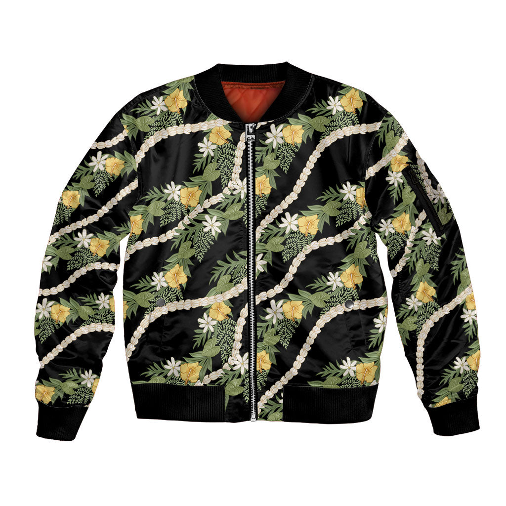 Hawaiian Pikake Maile Lei Sleeve Zip Bomber Jacket Tiare Hibiscus Kalo Palapalai Leaf Black LT19 Unisex Black - Polynesian Pride