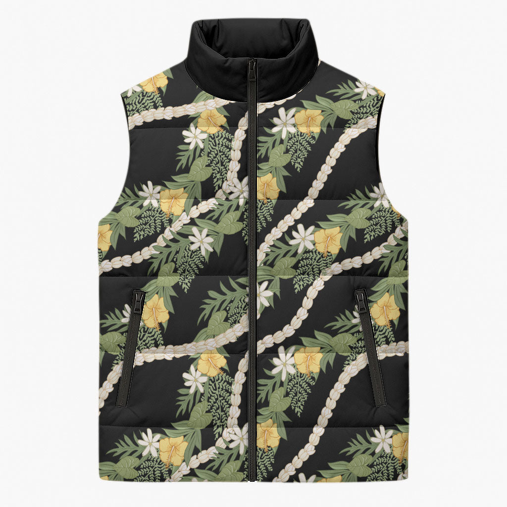 Hawaiian Pikake Maile Lei Sleeveless Puffer Jacket Tiare Hibiscus Kalo Palapalai Leaf Black LT19 Unisex Black - Polynesian Pride