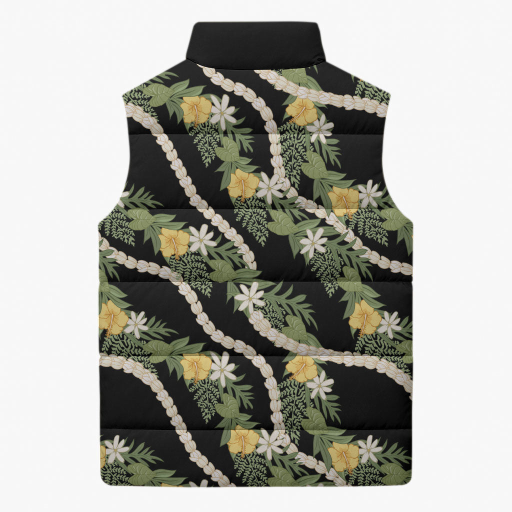 Hawaiian Pikake Maile Lei Sleeveless Puffer Jacket Tiare Hibiscus Kalo Palapalai Leaf Black LT19 - Polynesian Pride