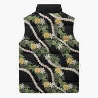 Hawaiian Pikake Maile Lei Sleeveless Puffer Jacket Tiare Hibiscus Kalo Palapalai Leaf Black LT19 - Polynesian Pride