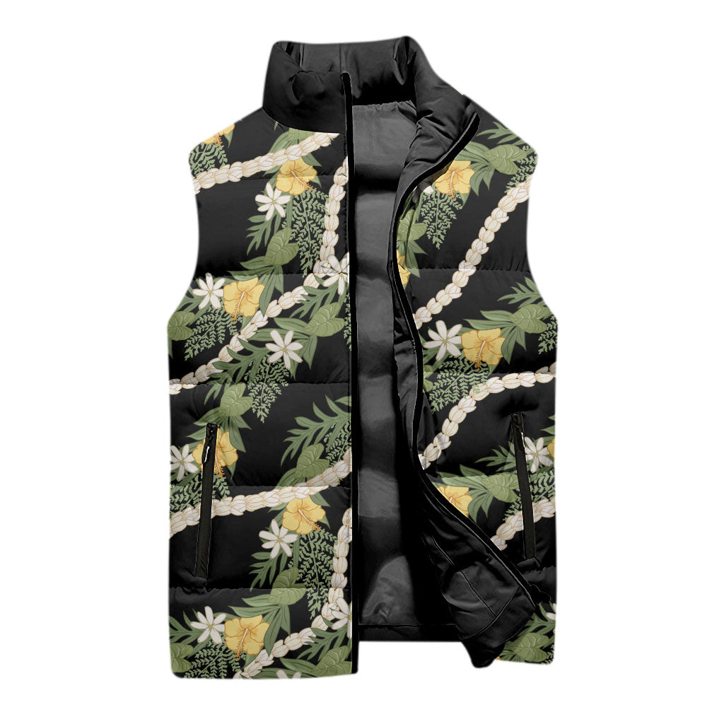 Hawaiian Pikake Maile Lei Sleeveless Puffer Jacket Tiare Hibiscus Kalo Palapalai Leaf Black LT19 - Polynesian Pride